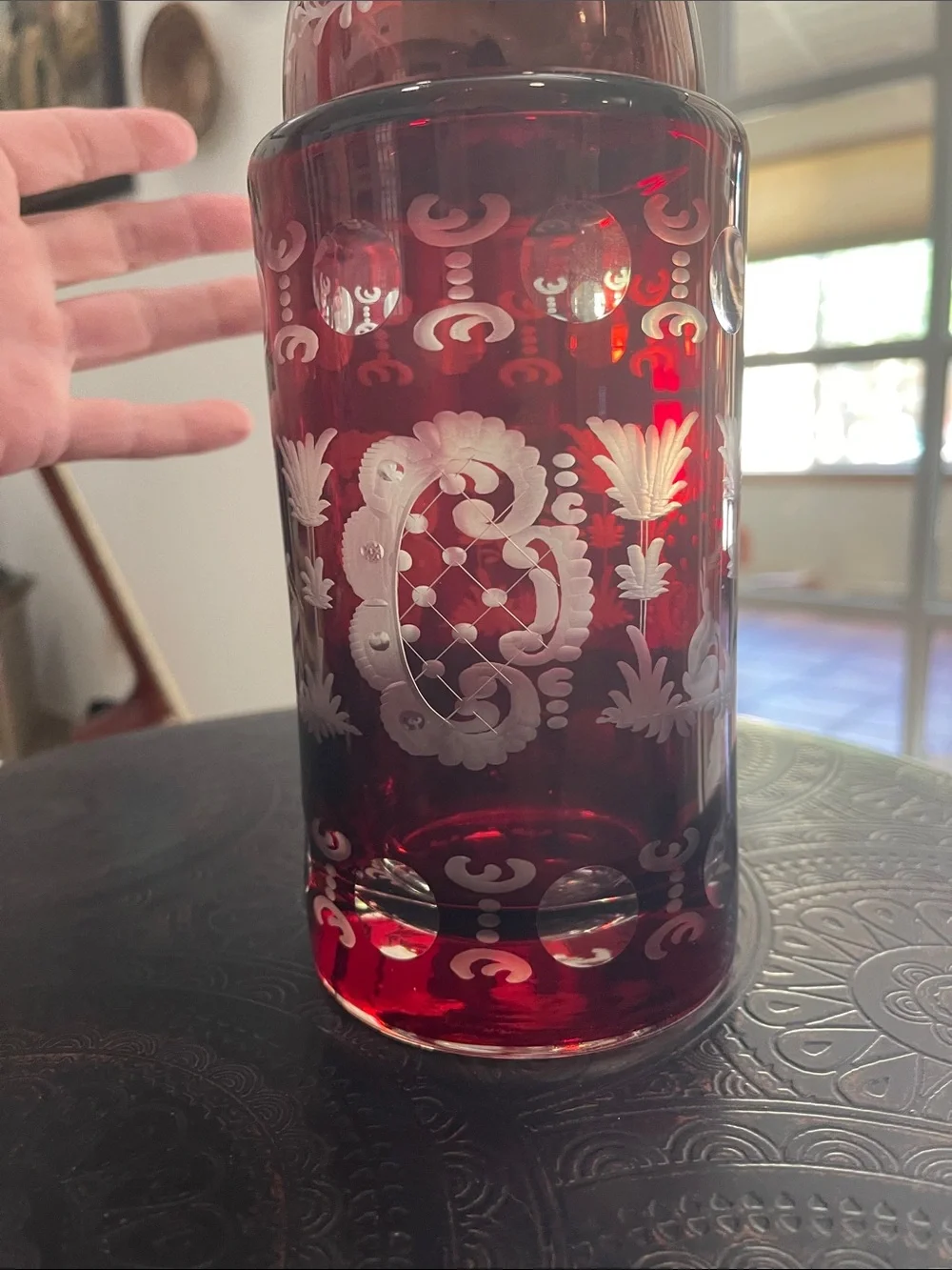 Egermann Ruby Red Etched Glass Decanter and Goblet Set